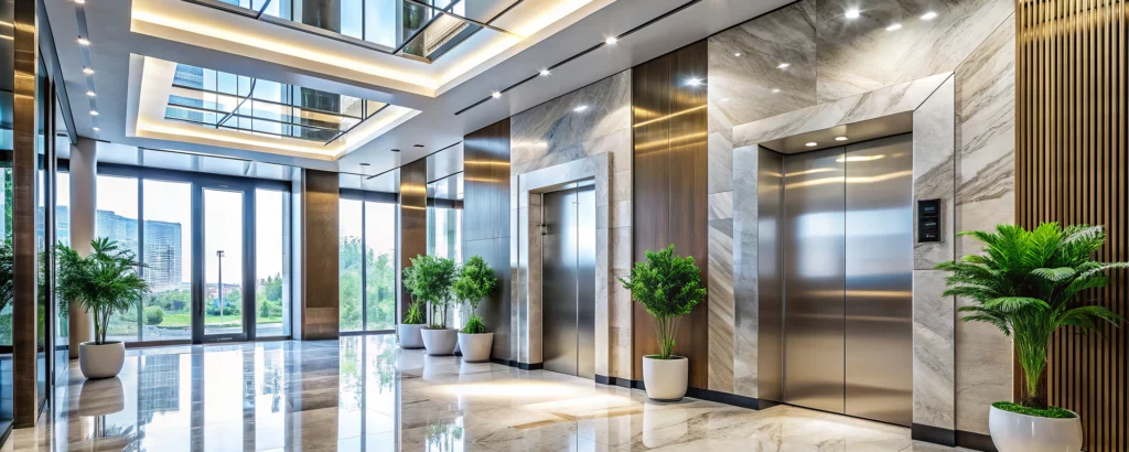 Ascenseurs dans le hall moderne d’un immeuble